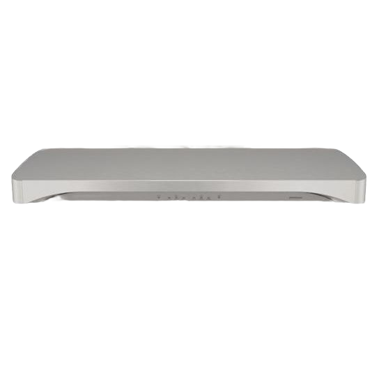 Stainless steel under-cabinet range hood with sculpted curves and touch controls for kitchen ventilation and home improvement collections