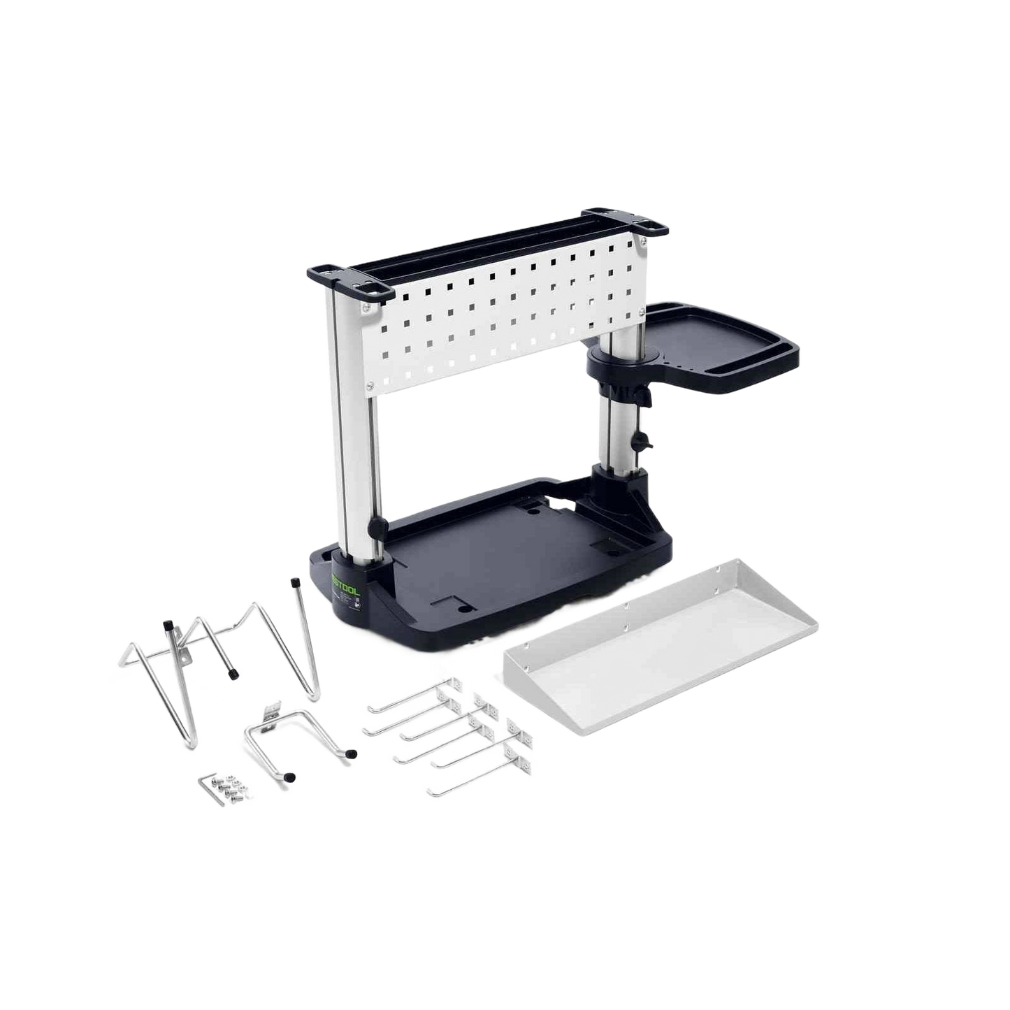 Compact modular workcenter organizer with adjustable trays and metal pegboard for tools and home improvement tasks