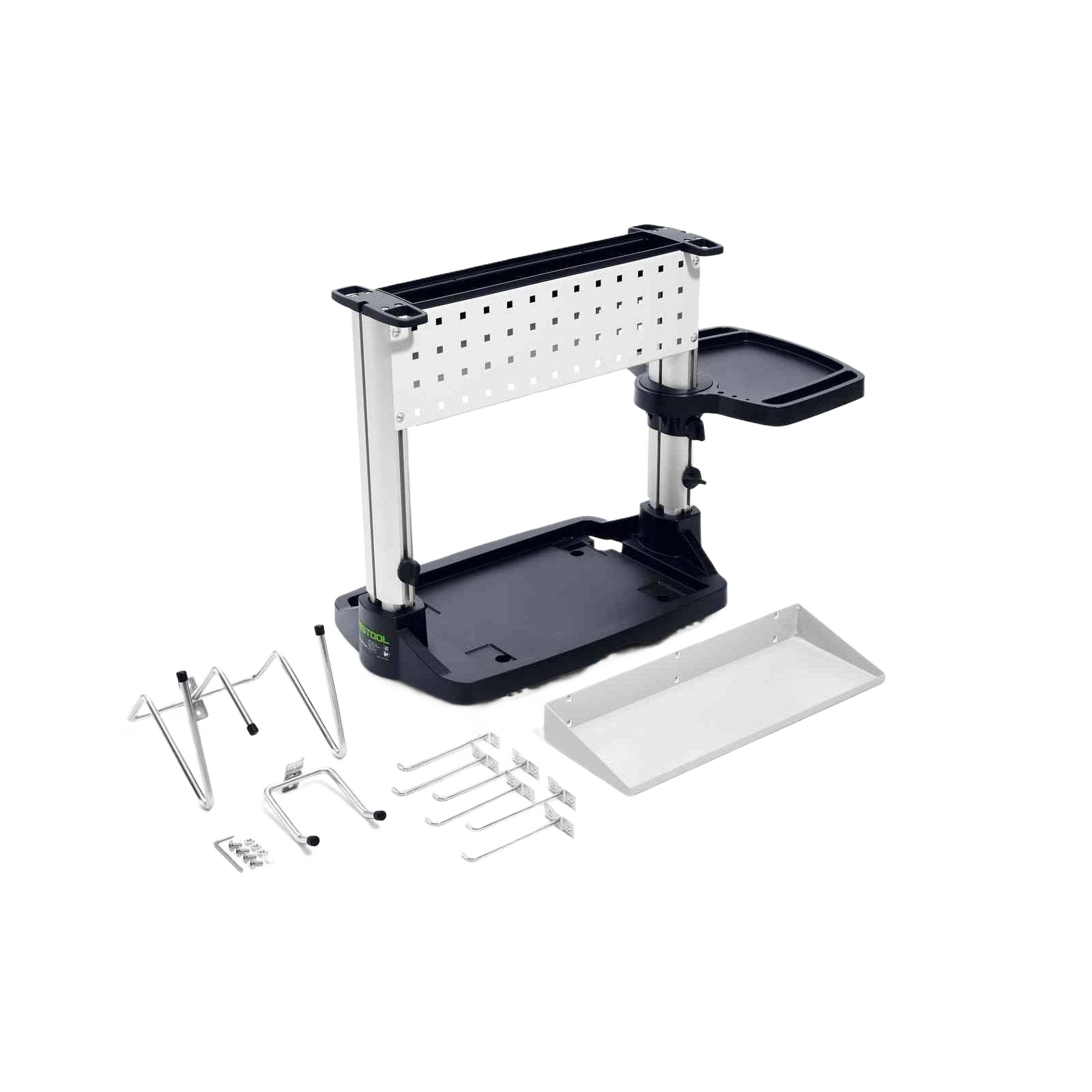 Compact modular workcenter organizer with adjustable trays and metal pegboard for tools and home improvement tasks
