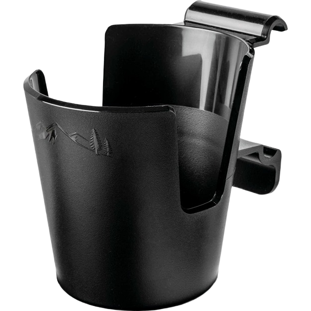 Black plastic cup holder with mountain and tree design, fits Pop-And-Lock grills for outdoor grilling and lawn accessories.