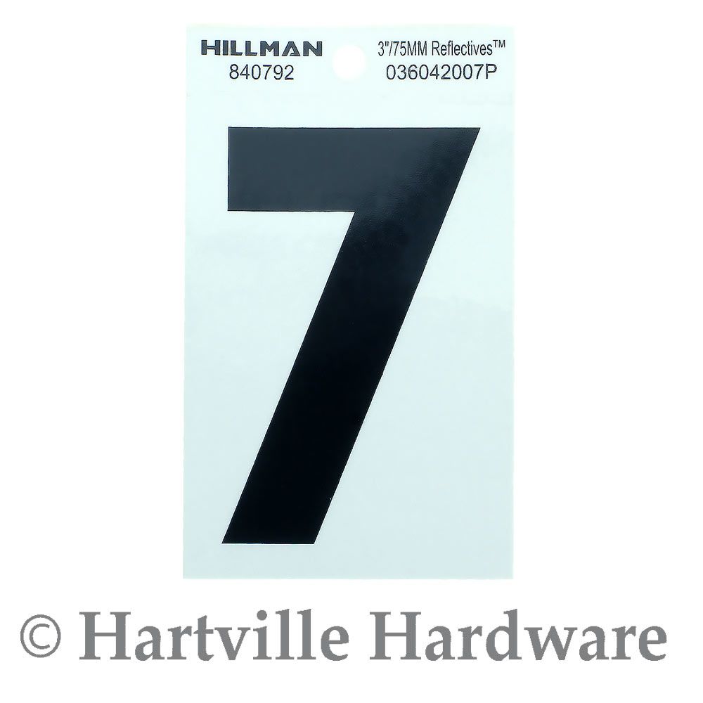 Black adhesive house number 7 on white backing for signs and house numbers in hardware and home improvement collections