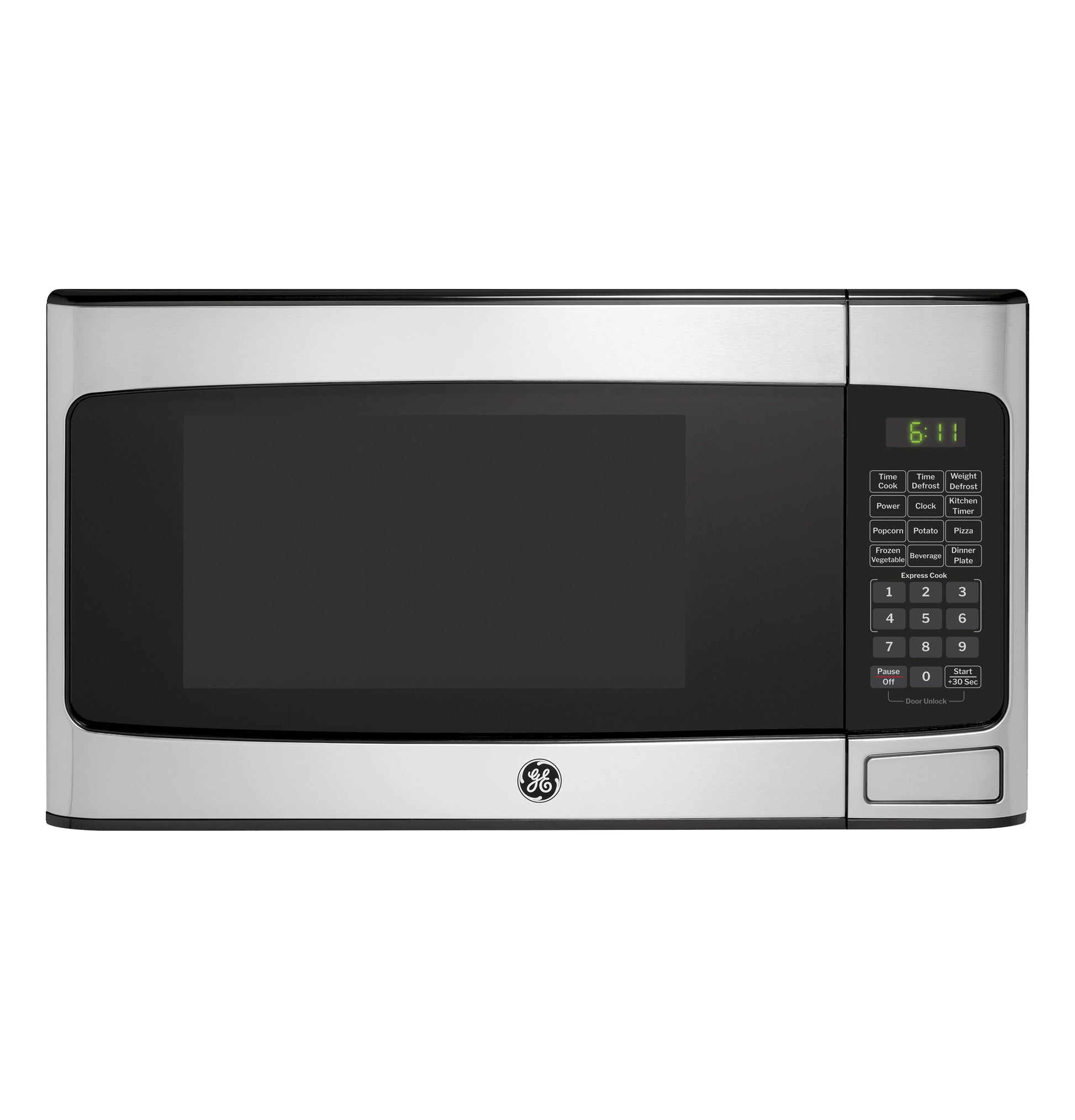 Stainless steel microwave oven with digital control panel and green LED timer display from kitchen appliances collection