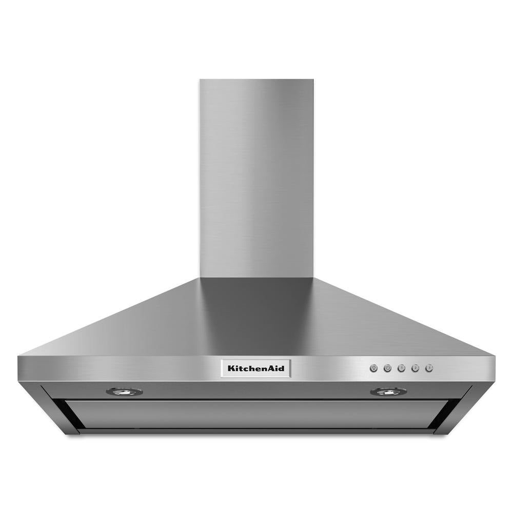 Stainless steel wall-mount canopy hood with three-speed control from KitchenAid for kitchen ventilation and home improvement