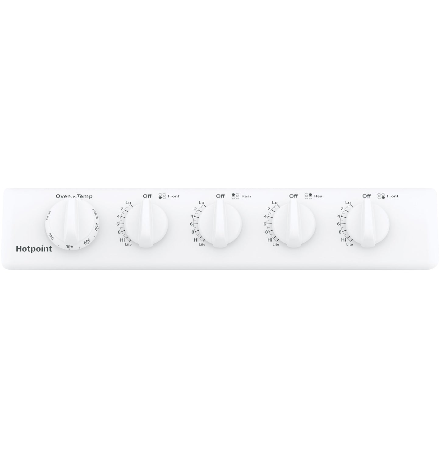 Control panel with white knobs for oven temperature and burner settings on a Hotpoint gas range in kitchen appliances collection