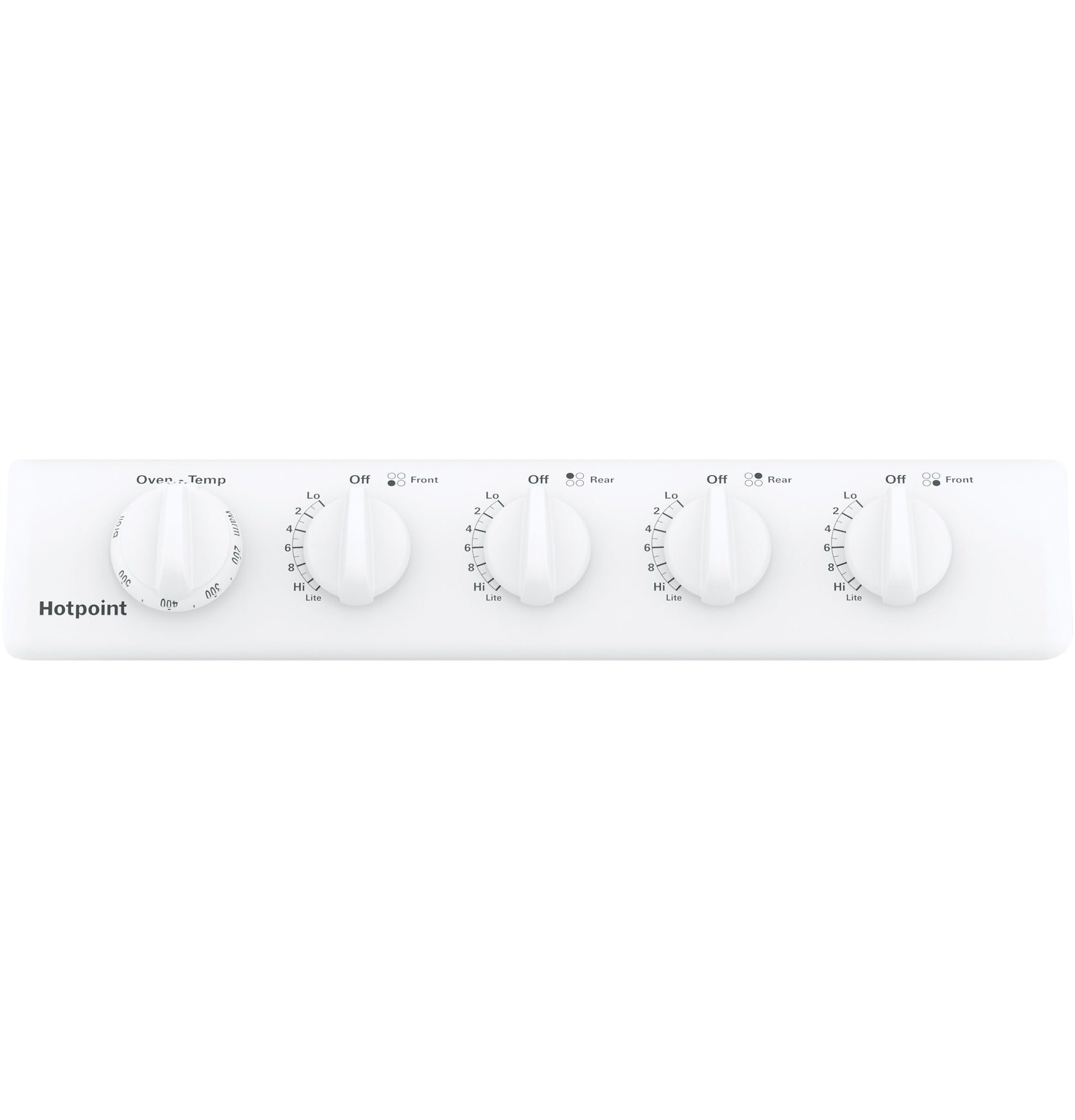 Control panel with white knobs for oven temperature and burner settings on a Hotpoint gas range in kitchen appliances collection