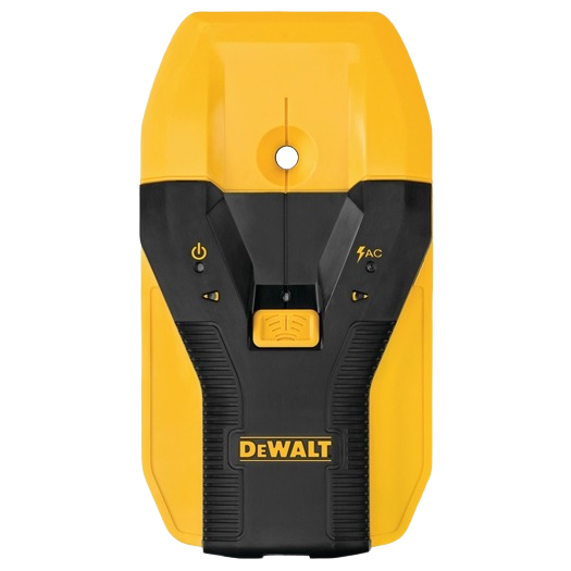 Yellow and black handheld stud finder with digital display and AC wire detection for home improvement use