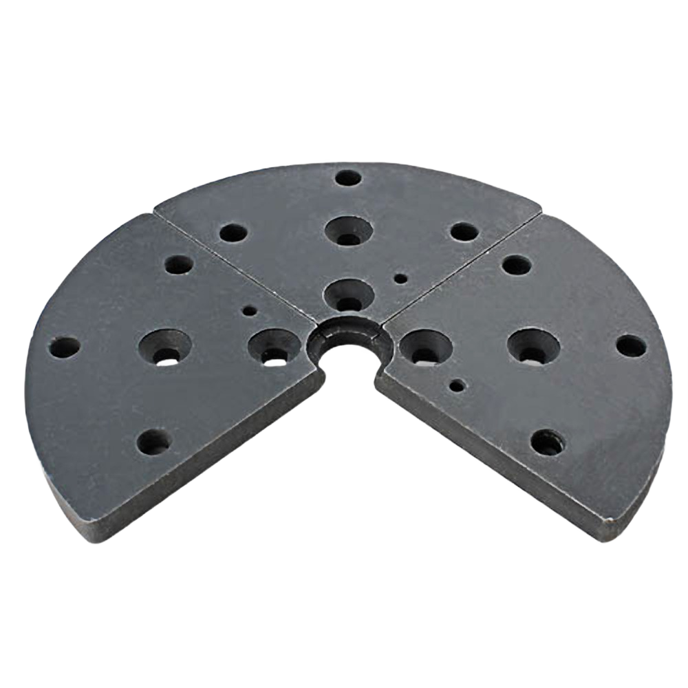 Set of three black flat jaws with multiple drilled holes designed for lathe chuck accessories and home improvement tools