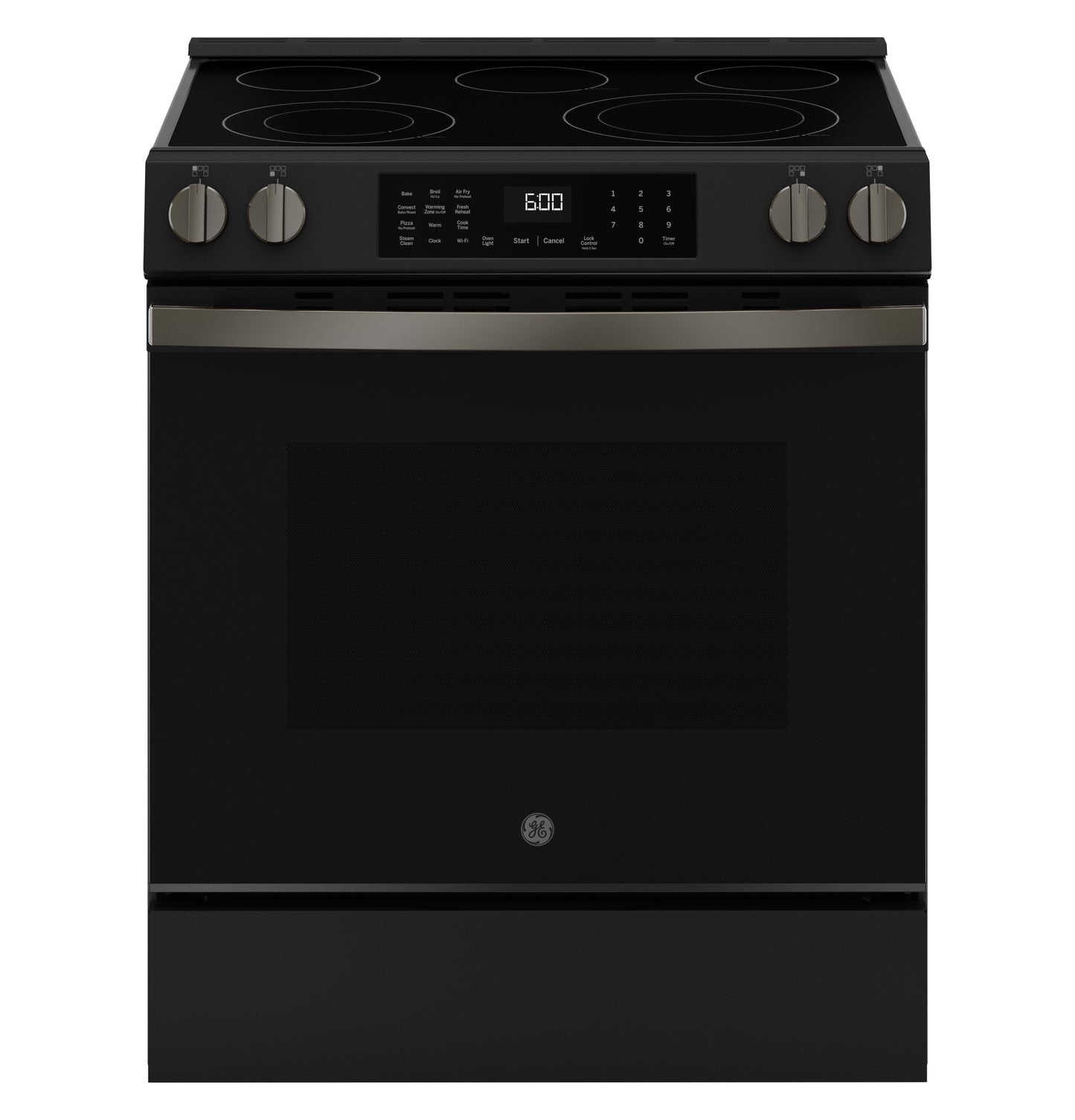 Front view of a black slide-in electric range with digital controls and four radiant burners from kitchen appliances collection