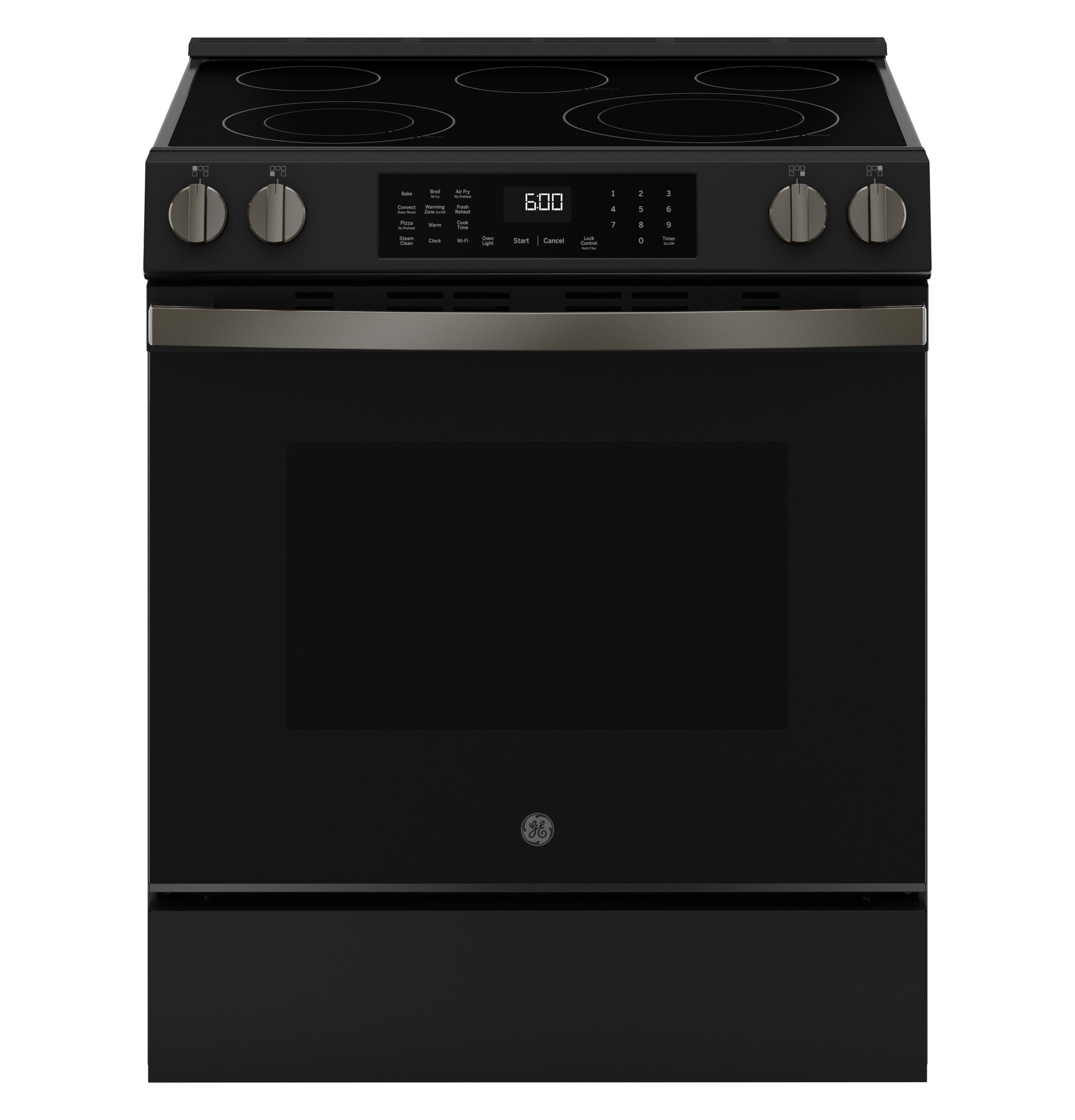 Front view of a black slide-in electric range with digital controls and four radiant burners from kitchen appliances collection