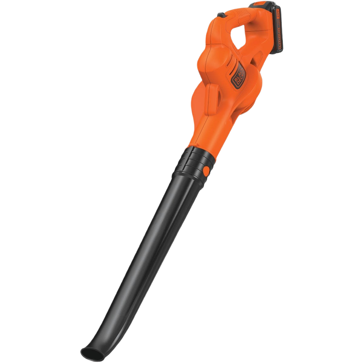 Orange cordless blower and sweeper with black nozzle for outdoor cleaning in tools and home improvement tasks