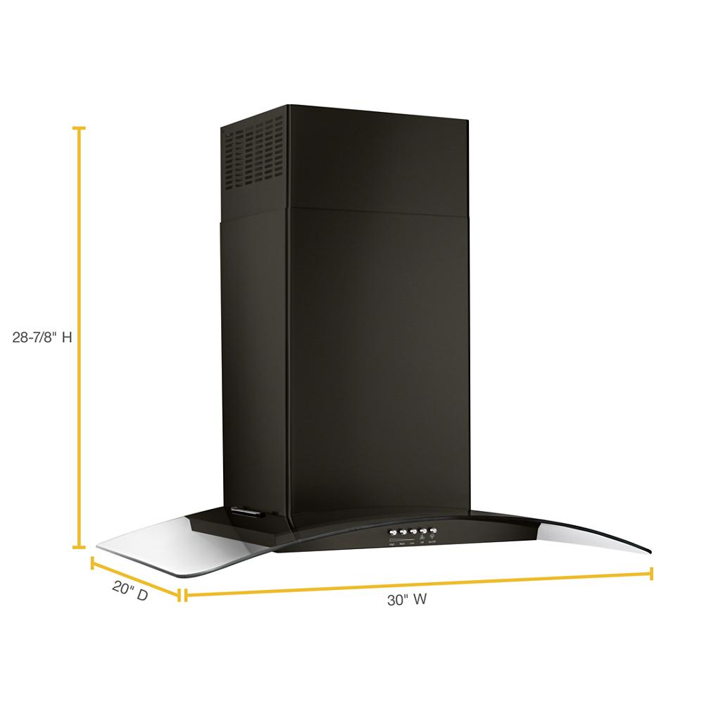 Black wall mount range hood with concave glass canopy, push button controls, and ventilation vents for kitchen improvement.