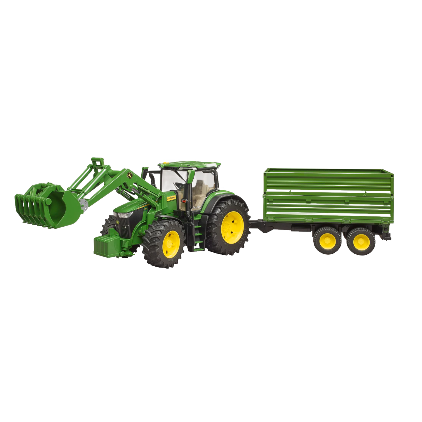 Green toy tractor with front loader and attached tipping trailer in Vehicles & Remote Controlled Toys and Bruder Toys collections