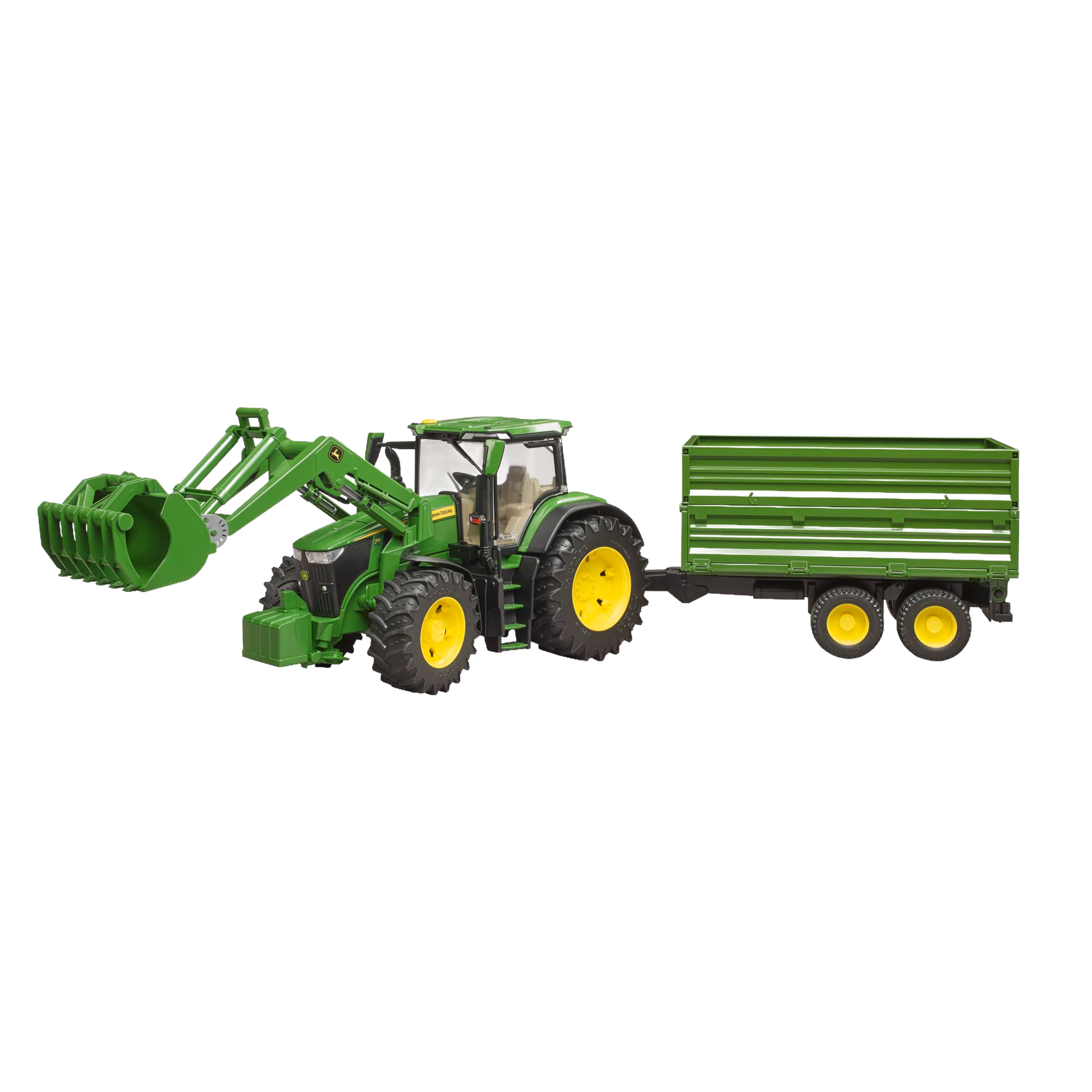 Green toy tractor with front loader and attached tipping trailer in Vehicles & Remote Controlled Toys and Bruder Toys collections