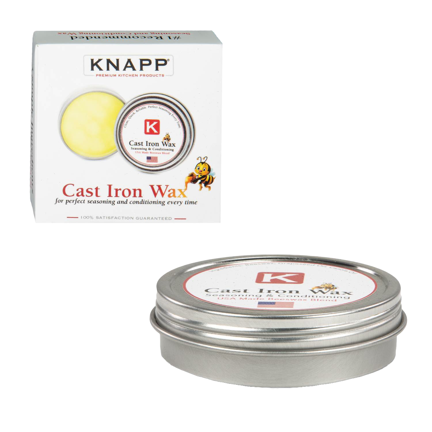 Tin of yellow cast iron wax for seasoning cookware with branded white box, in Kitchenware under $50 collection