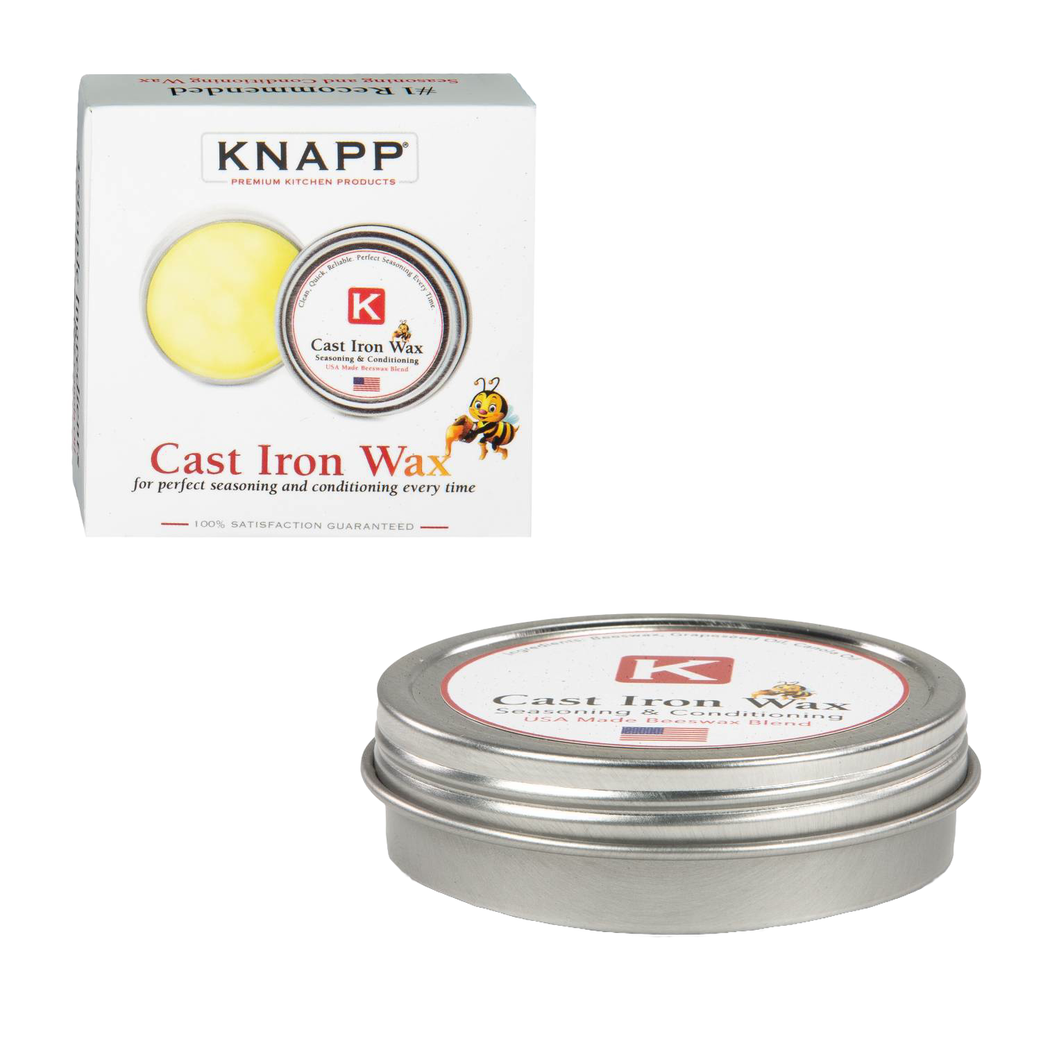 Tin of yellow cast iron wax for seasoning cookware with branded white box, in Kitchenware under $50 collection