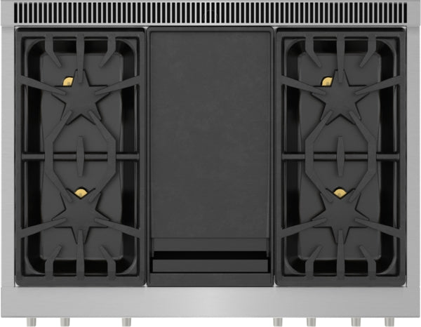 Top view of stainless steel dual fuel range with patented Star® burners from Thermador Ranges collection