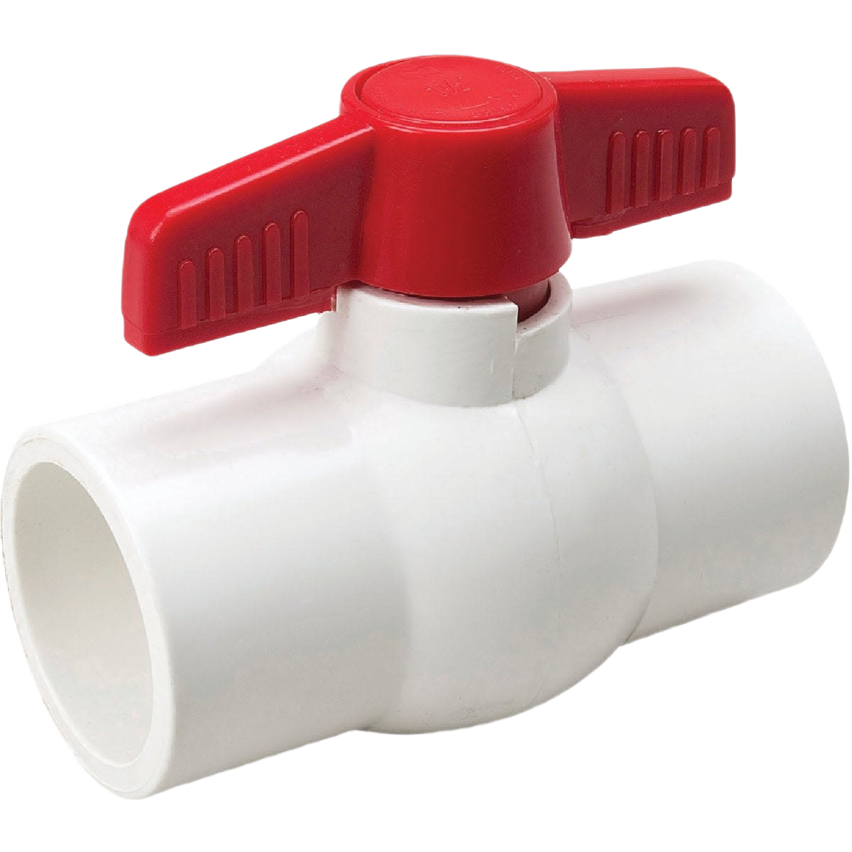 White PVC quarter turn ball valve with red handle for plumbing and home improvement applications