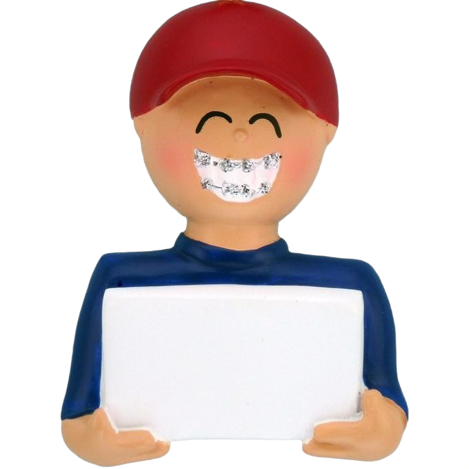 Smiling boy ornament with braces and red cap holding blank white plaque for Christmas Ornaments & Tree Decorations collection