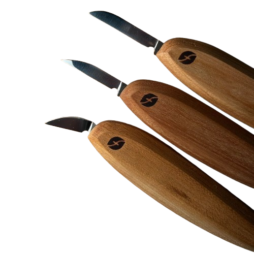 Three precision carving knives with full-sized wooden handles engraved with Flexcut logo for woodworking tools under $100
