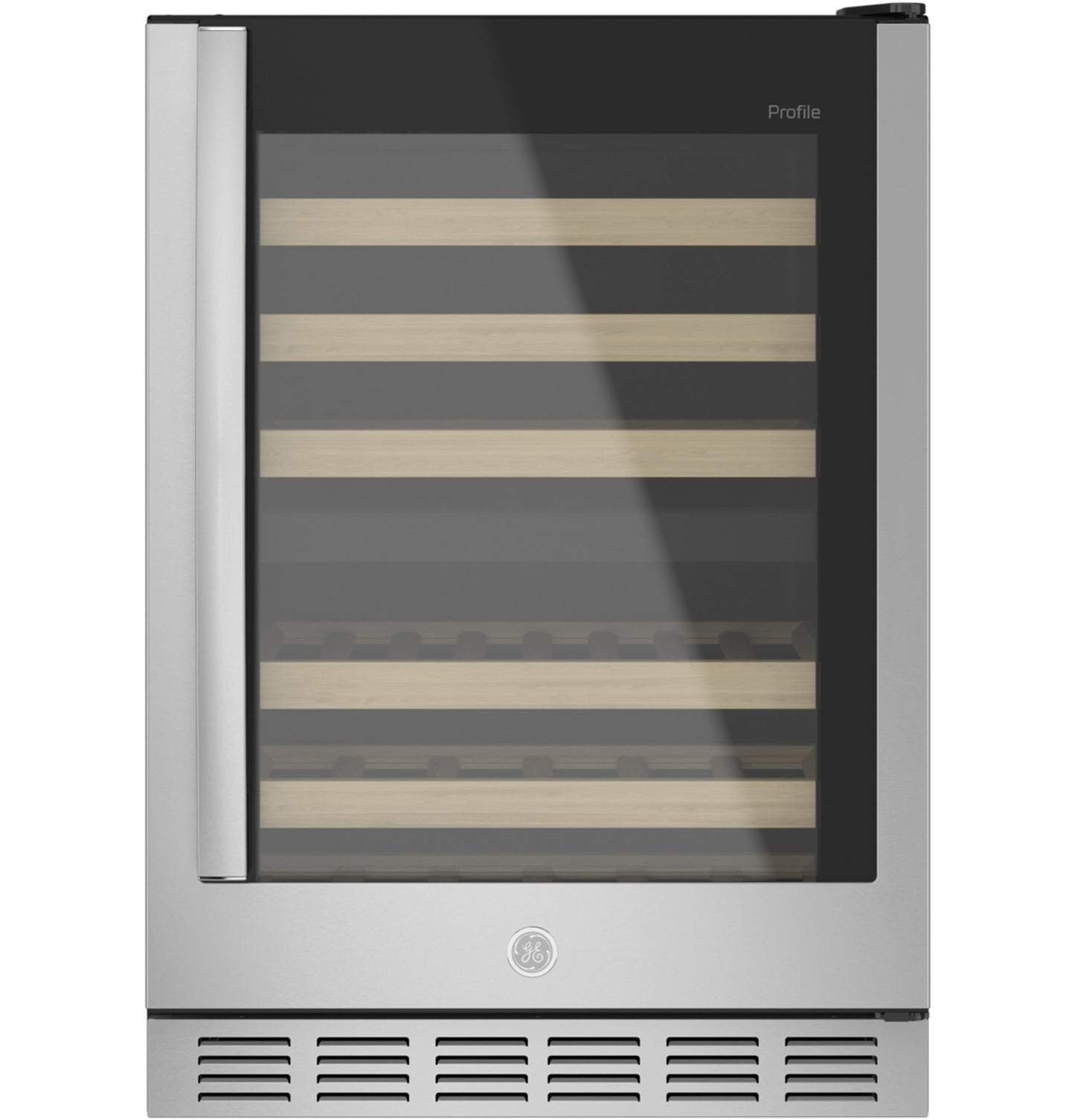 Built-in stainless steel wine center with glass door and wooden shelves in kitchen appliances and refrigerators collection