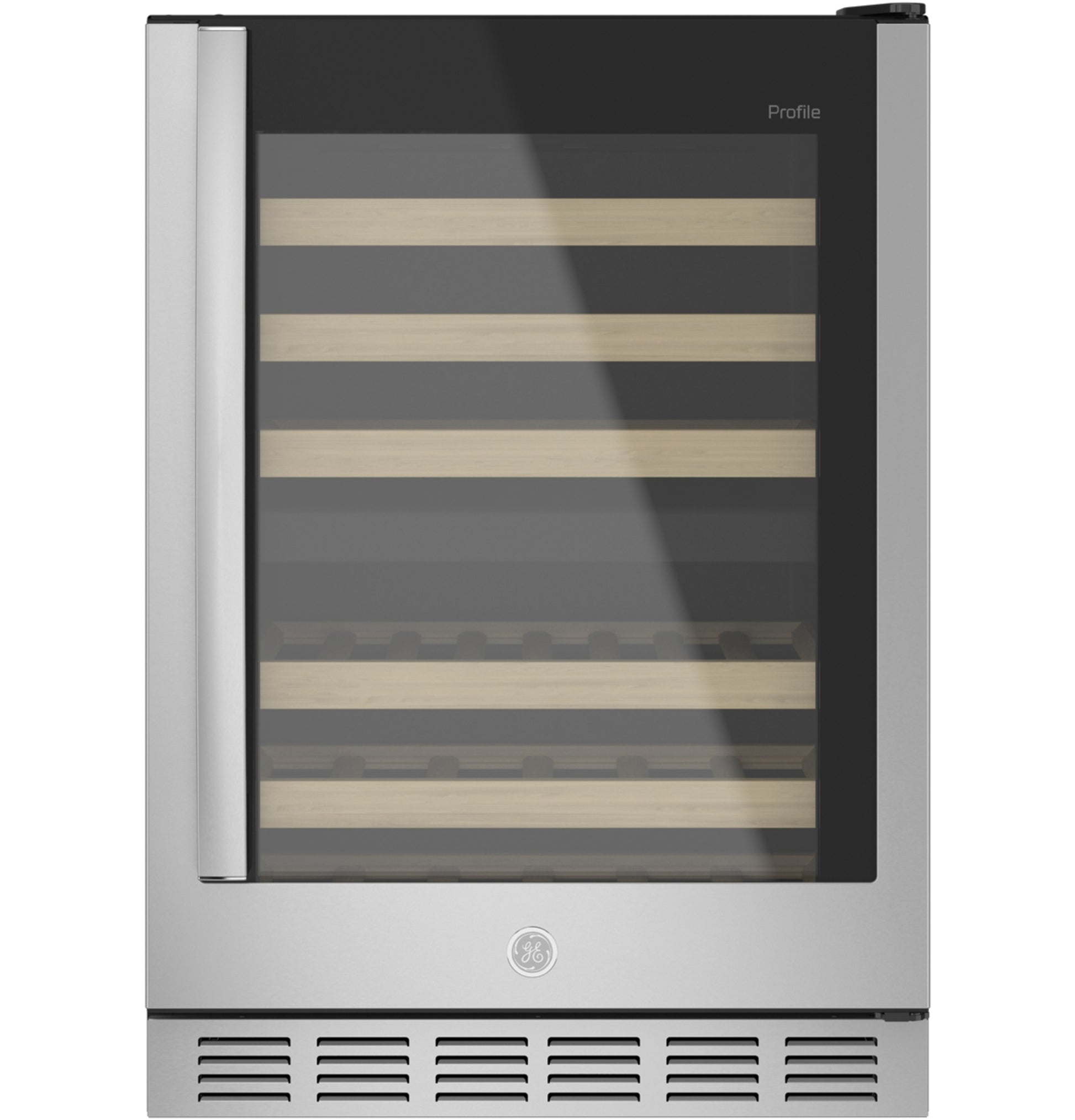 Built-in stainless steel wine center with glass door and wooden shelves in kitchen appliances and refrigerators collection