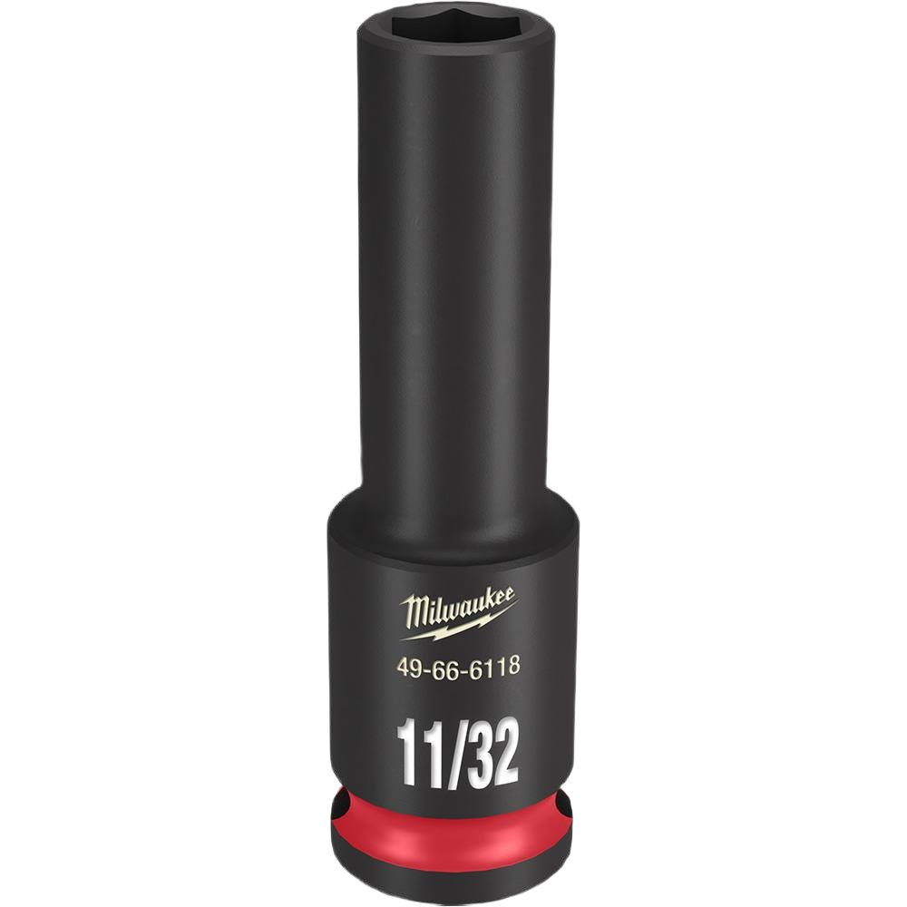 Black impact-duty deep 6-point socket with 11/32 size marking, part of Milwaukee hand tools and sockets collection