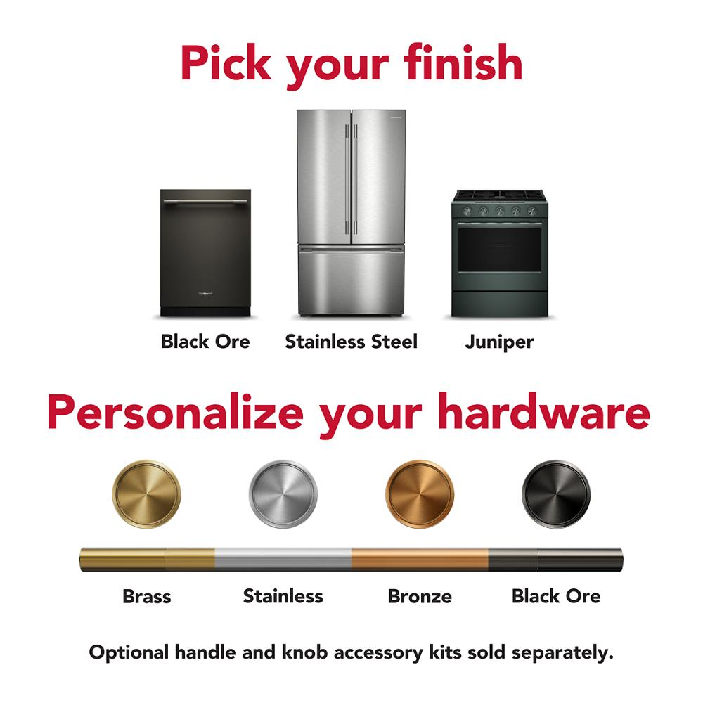Three kitchen appliance finishes including Black Ore, Stainless Steel, and Juniper with customizable brass, stainless, bronze, and black ore hardware options