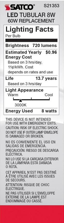 Energy label for Satco 8W LED tubular bulb showing 720 lumens, 3000K warm light, and 13.7 years lifespan under $50 collections