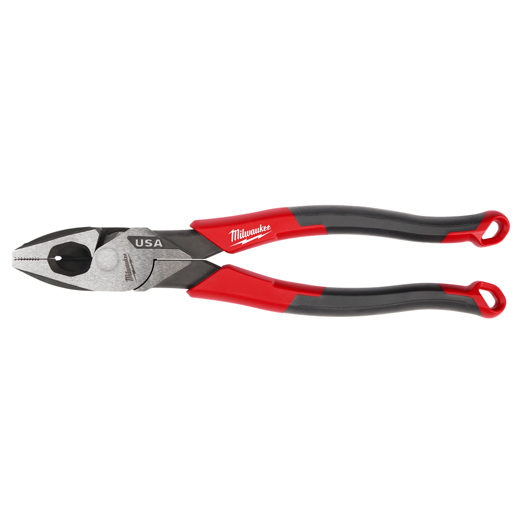 Milwaukee lineman’s pliers with black and red comfort grip handles for tools and home improvement tasks