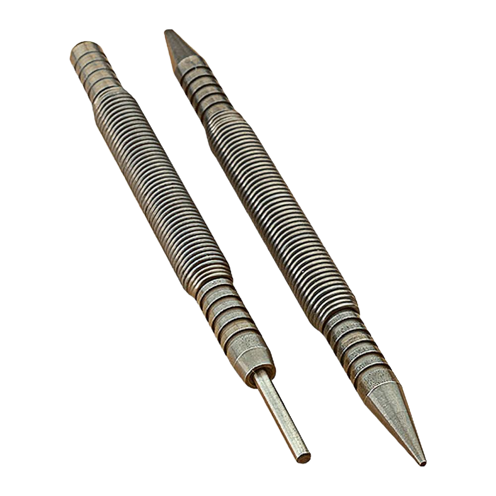 Two metal tools with grooved handles, designed for hinge pin removal and nail setting in home improvement projects