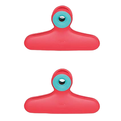 Set of two red plastic bag clips with soft blue grips for sealing food bags in kitchenware and under $50 collections