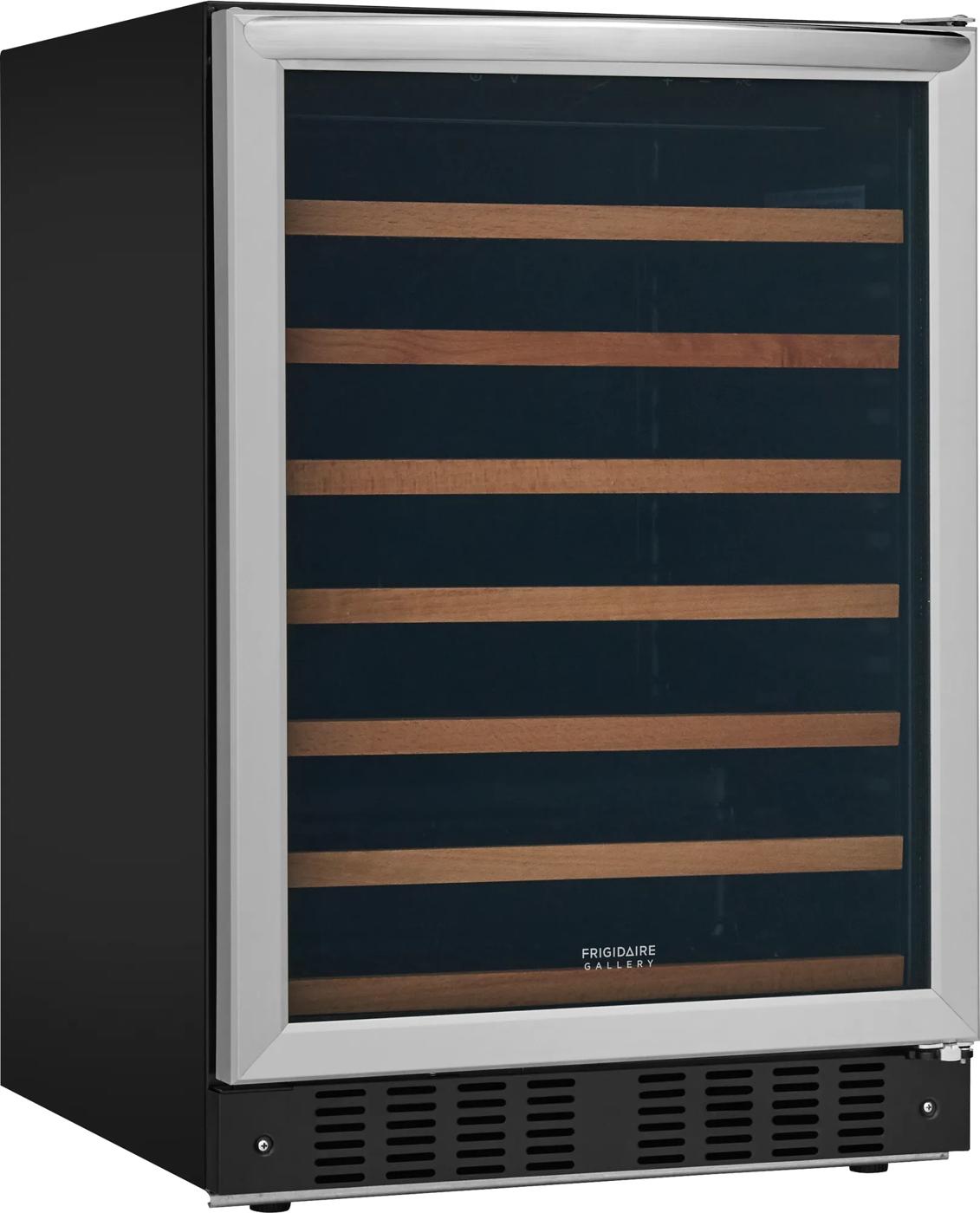 Black undercounter wine cooler with glass door and wooden shelves in kitchen appliances and refrigerators collection
