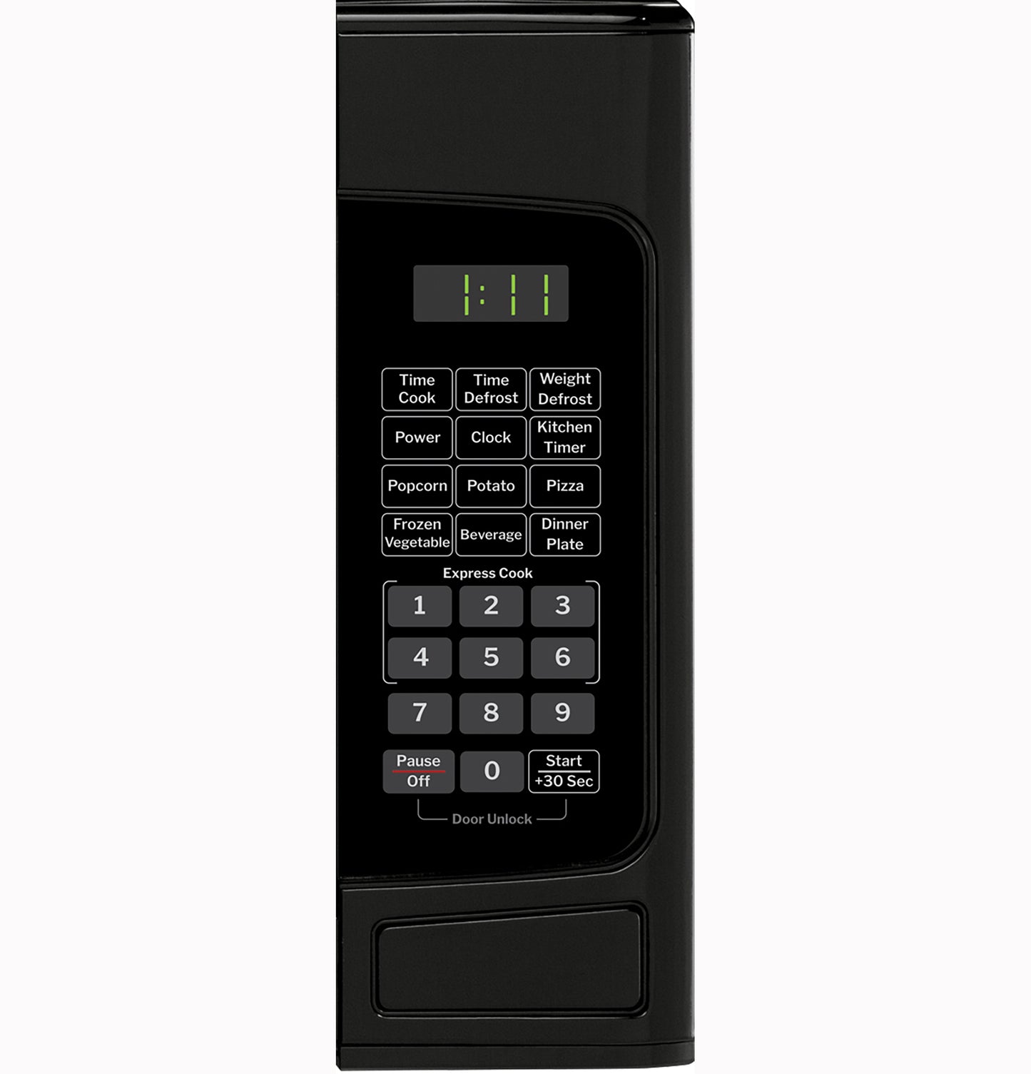Close-up of black microwave control panel with digital display and preset cooking options from countertop microwaves collection