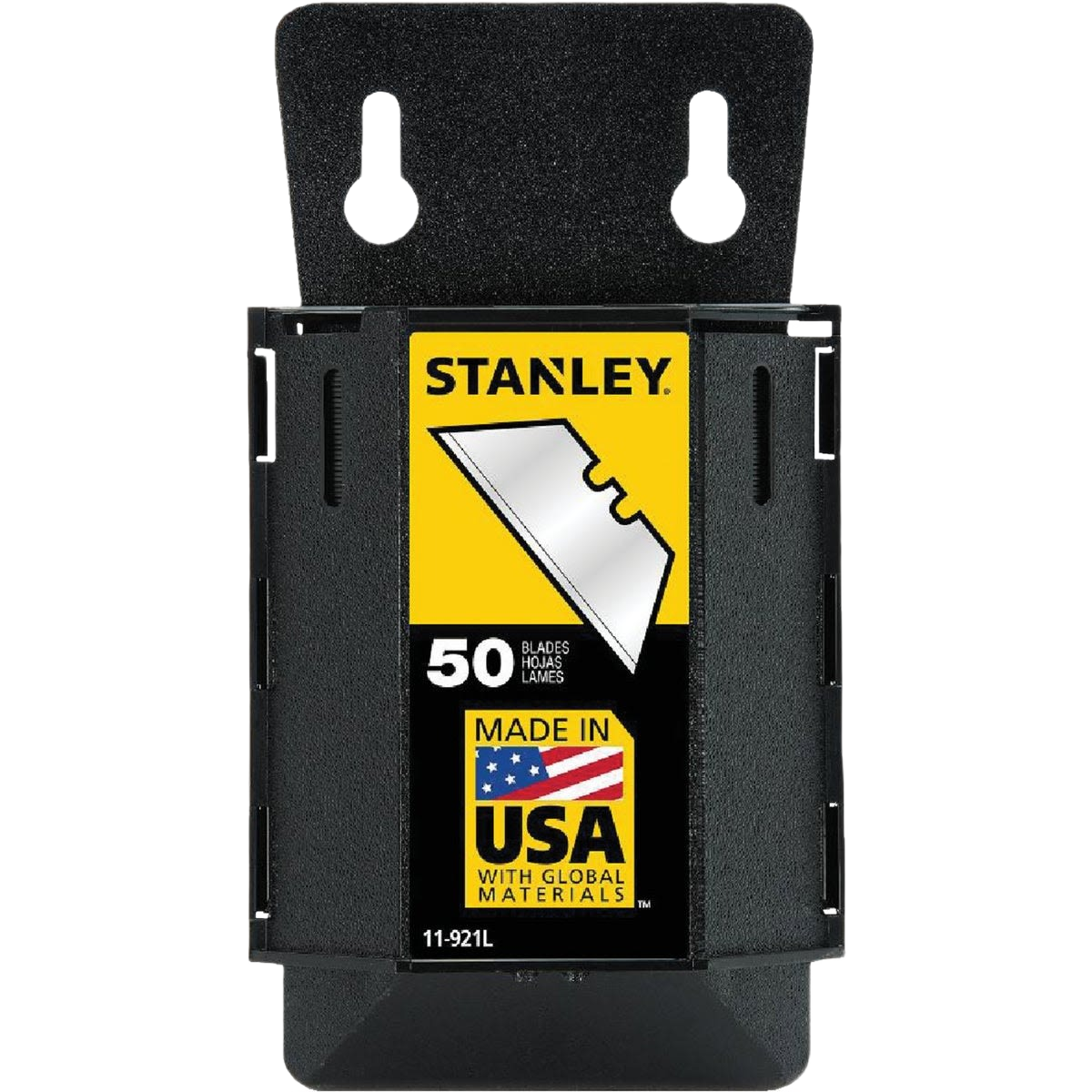 Black plastic storage case holding 50 sharp utility knife blades for tools and home improvement projects