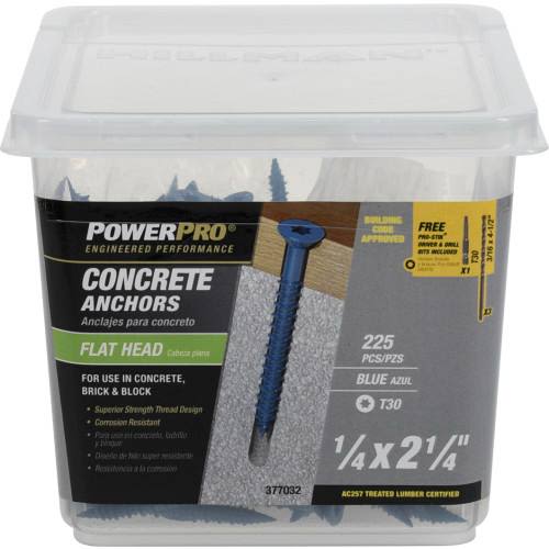 Container of blue flat-head concrete anchors with corrosion-resistant coating in hardware and fasteners collections under $100