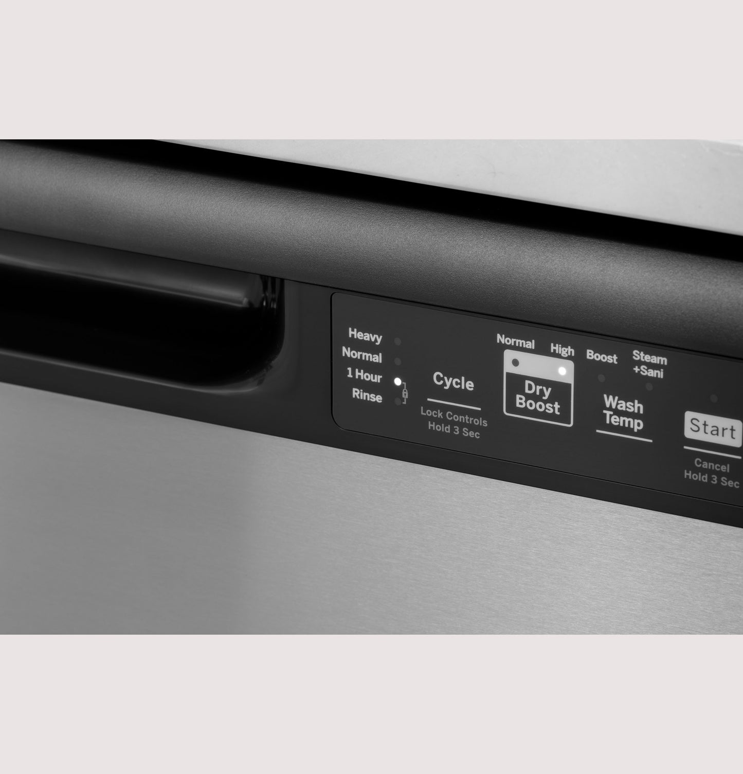 Close-up of control panel on stainless steel GE ENERGY STAR dishwasher showing cycle and wash temperature options