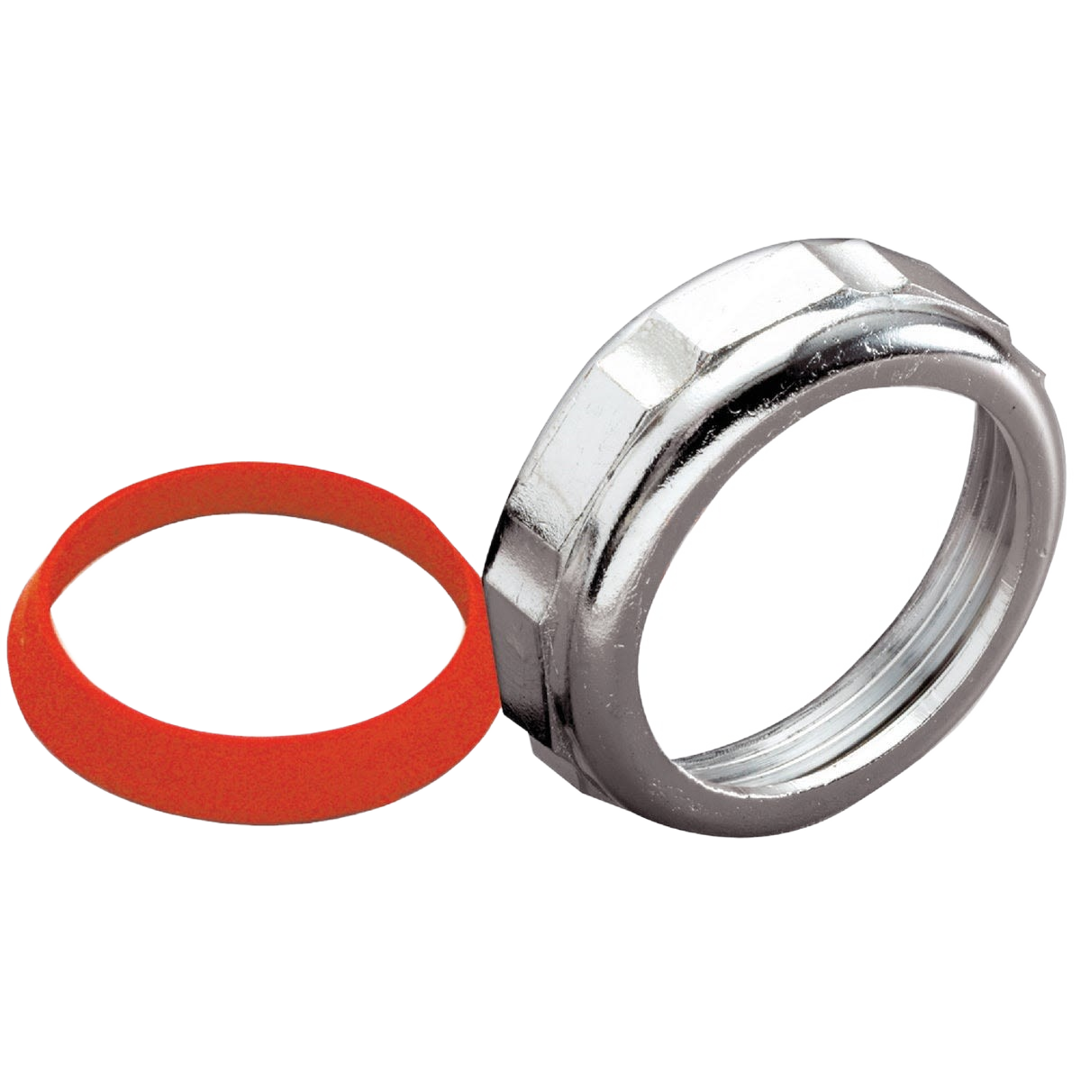 Metal die-cast slip-joint nut with matching red washer for plumbing and home improvement applications