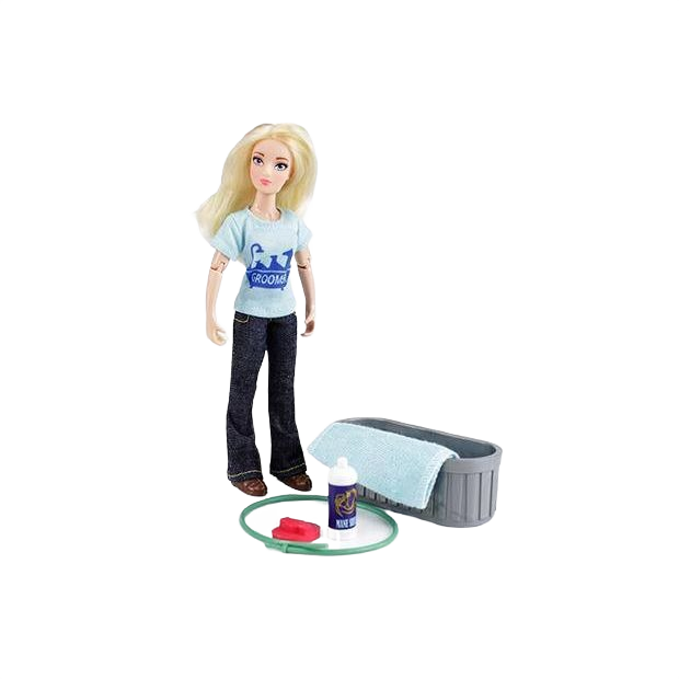 Blonde doll wearing blue grooming shirt with pet bathtub, towel, shampoo bottle, hose, and red grooming brush
