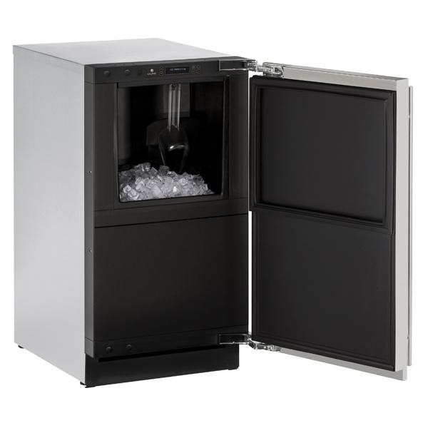 Compact stainless steel ice machine with open door revealing clear ice cubes in kitchen appliances and refrigerator collection