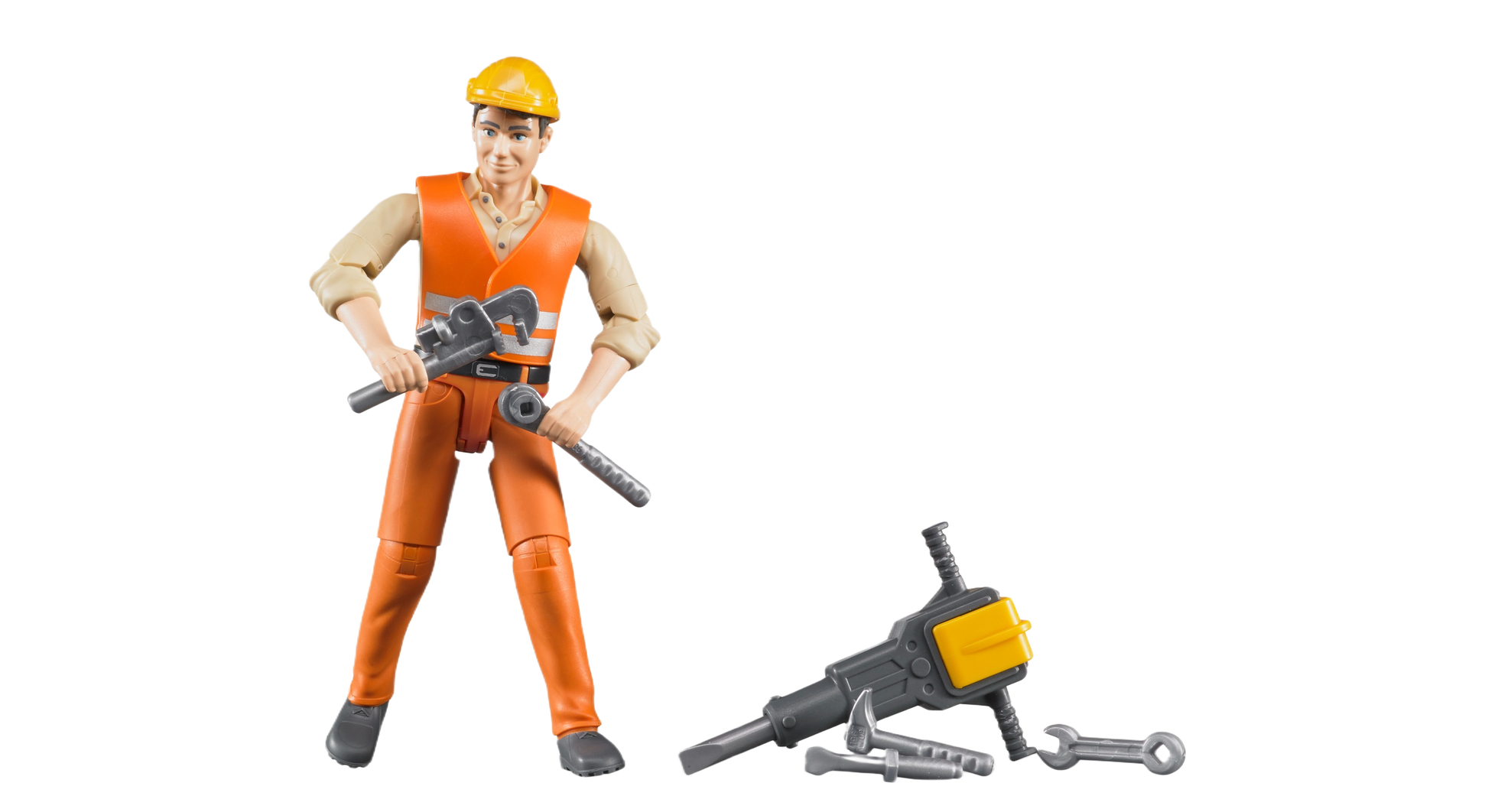Construction worker figurine wearing orange vest and helmet holding large wrench with additional tool accessories nearby