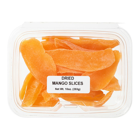 Clear plastic tub of dried mango slices with white label on top, in candy and food & beverage collection
