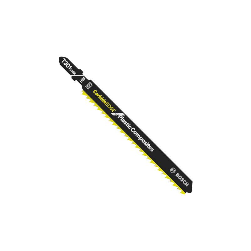 Black Bosch T-shank jigsaw blade with carbide edge for cutting plastic composites in woodworking tool accessories collection