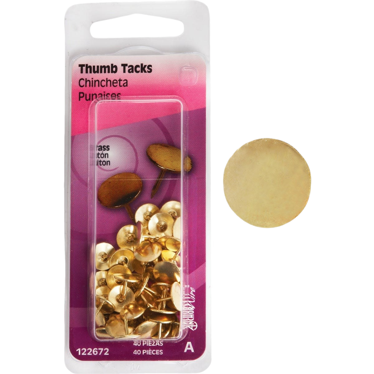 Package of brass thumb tacks with sharp points and round heads for fasteners in hardware and home improvement projects