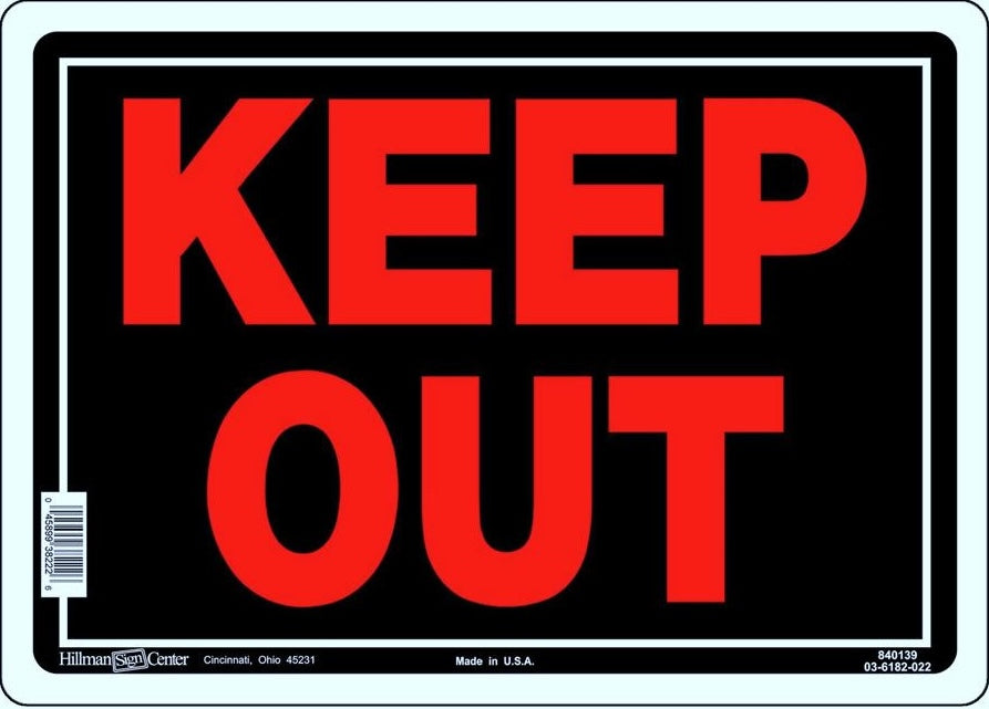 Black aluminum "Keep Out" sign with bold red lettering for home improvement and hardware use.