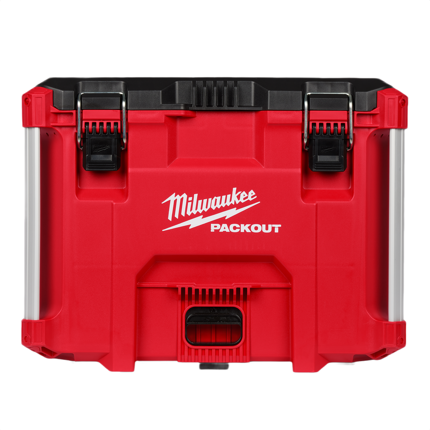 Red and black heavy-duty jobsite tool box with metal latches and reinforced corners for durable tool storage and organization