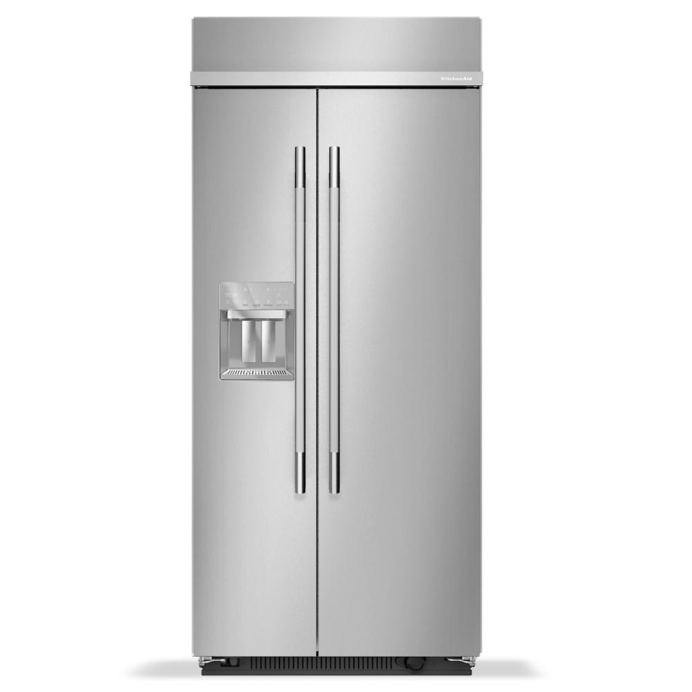 Built-in stainless steel side-by-side refrigerator with exterior water and ice dispenser from KitchenAid appliances collection