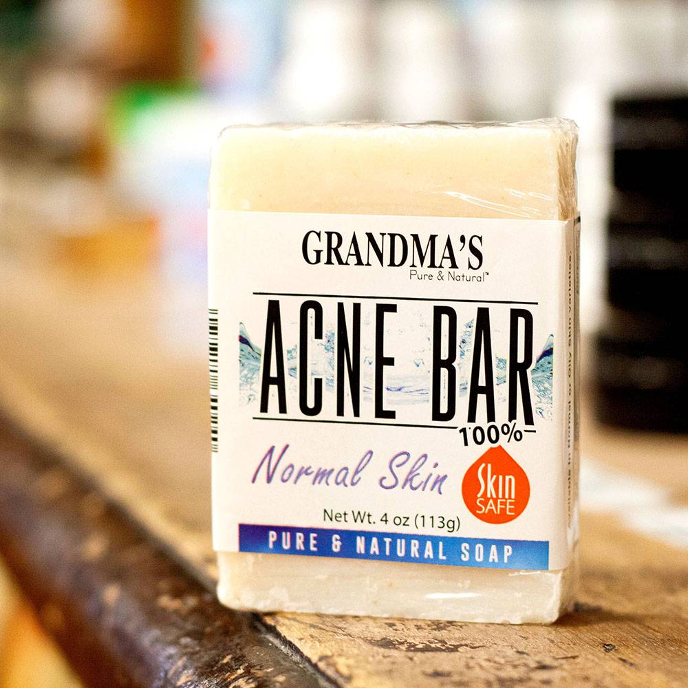 Bar of natural acne soap labeled for normal skin, skin safe, in Health & Beauty and Under $25 collections