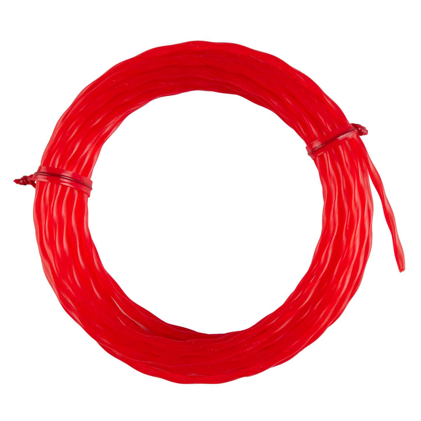 Bright red twisted trimmer line coiled tightly for efficient garden trimming and landscaping tools and home improvement use
