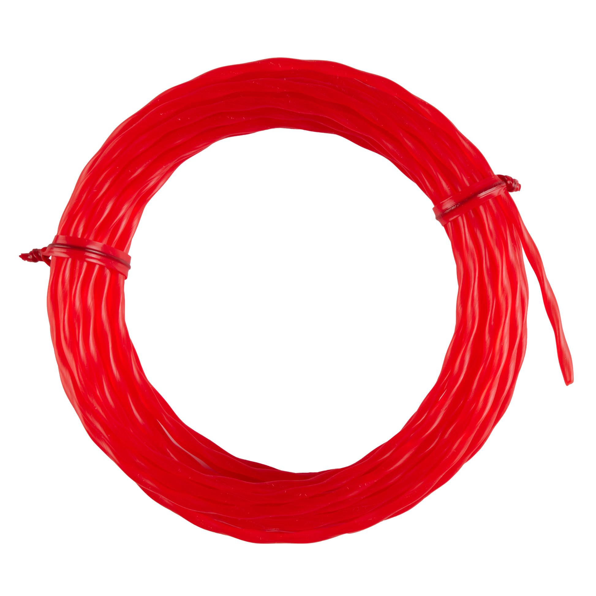 Bright red twisted trimmer line coiled tightly for efficient garden trimming and landscaping tools and home improvement use