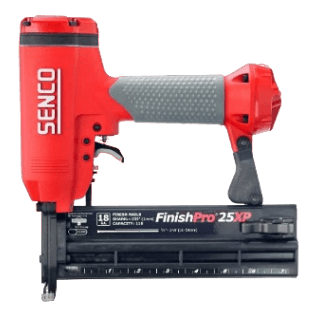 Red and gray pneumatic brad nailer with ergonomic grip and precision trigger, part of rental fastening and woodworking tools at Hartville Hardware.